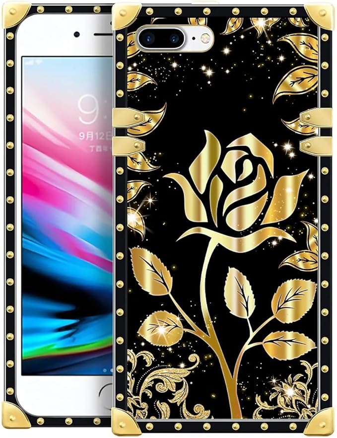 Compatible with iPhone 8 Plus 7 Plus Case, Shine Gold Rose Luxury Golden Decoration for Girl Women Soft TPU Shockproof Protective Hard PC Back for iPhone 8 Plus 7 Plus