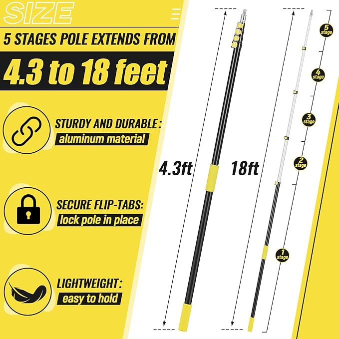 4.3-18 ft Telescopic Extension Pole with Utility Hook, Multi-Purpose Aluminum Pole for Painting, Dusting and New Year Window Cleaning Christmas Lights Installation Without a Ladder(Yellow)