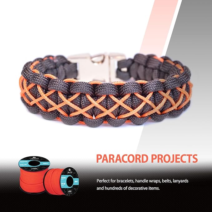 Abma Cord 2.4mm Paracord 275 100ft Nylon Rope 4 Strands Tactical Parachute Cord - Max. 275lbs - Neon Orange