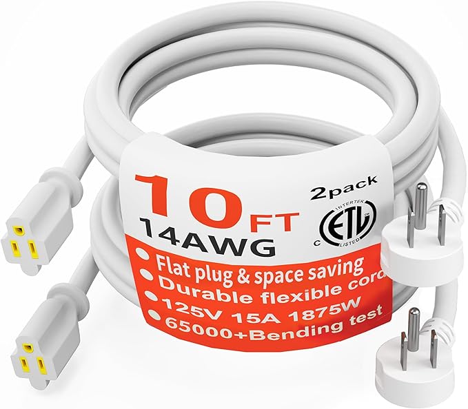 HUANCHAIN 14 Gauge 10 FT (2Pack) Flat Plug Extension Cord White Indoor Outdoor, Heavy Duty 3 Prong Grounded Low Profile Extension Wire Flexible, 15A 1875W 125V 14AWG SJTW, ETL Listed.