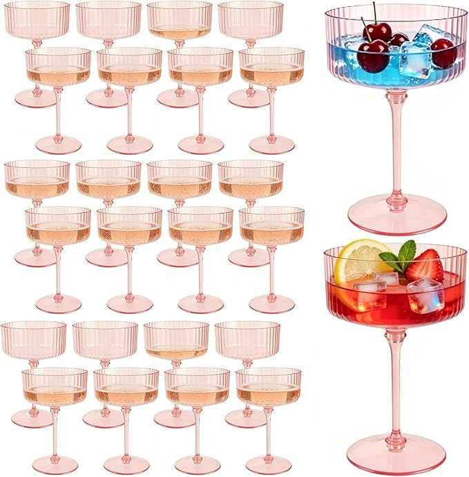 PLULON 24 Pcs Pink Champagne Martini Glasses Set 10 Oz Plastic Ribbed Coupe Cup, Cocktail Glasses Champagne Cup Tower Vintage Margarita Glassware for Clubs Gifts Wedding Bachelor Party Outdoor Events