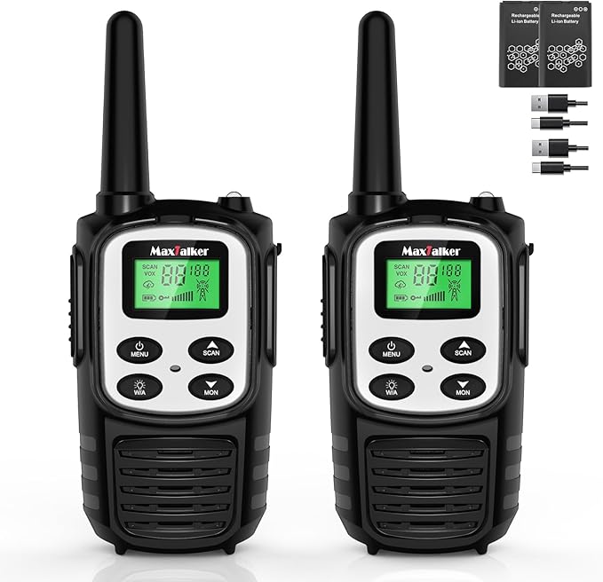MaxTalker Walkie Talkies Long Range for Adult, MT10 Rechargeable Walkie Talkies FRS Two Way Radio, NOAA, 1200mAh Li-ion Battery USB-C Cable, LED Flashlight,VOX Walkie Talkie for Camping 2Pack (Silver)