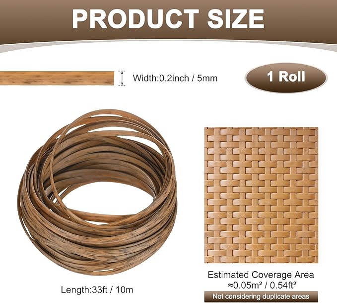 M METERXITY 1-Pack Wicker Repair Kit, 5mm x 33ft/10m Plastic Flat Rattan Replacement Supplies for Patio Furniture Repair/Basket Making/Chair Weaving, Synthetic Woven Rattan [Khaki]