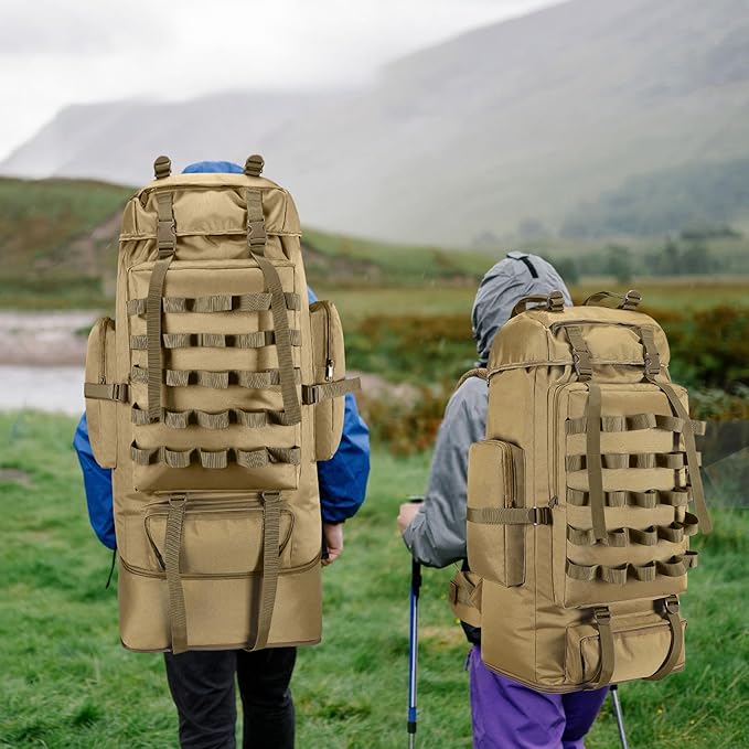 70L/100L Camping Hiking Backpack with Rain Cover, Expandable Large Military Tactical Backpack, Waterproof Molle Racksack Travel Backpacking Daypack for Climbing Trekking (Khaki)