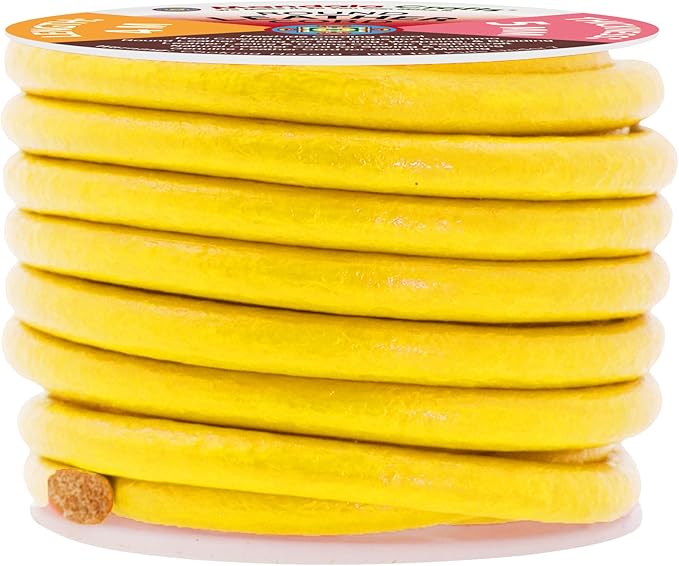 Mandala Crafts Round Genuine Yellow Leather Cord for Jewelry Making – 5mm Cowhide Leather Rope String Lace for Kumihimo – 4.4 Yards Cowhide Craft Cording Spool