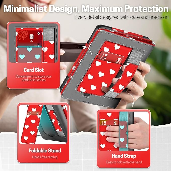 TNP Stand Case for Kindle Paperwhite 12th Generation 2024 / Kindle Colorsoft Signature Edition with Hand Strap & Card Slot - 7" PU Leather Protective Folio Cover with Auto Wake/Sleep, White Love Heart