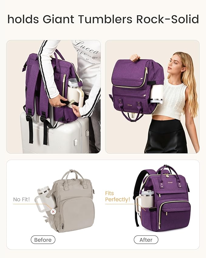 LOVEVOOK Laptop Backpack for Women with Giant Tumbler Holder Pocket,15.6 inch Waterproof Travel Backpack Purse Computer Laptop Bag,Professional Work College Nurse Teacher Backpack Daypack,Dark Purple