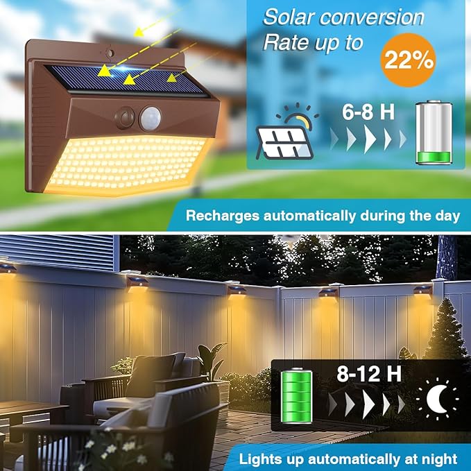 Peasur Solar Lights Outdoor Motion Sensor [10 Packs] Security Light with 3 Lighting Modes Wall Lights Waterproof Solar Powered Lights for Garden Fence Yard, Brown White