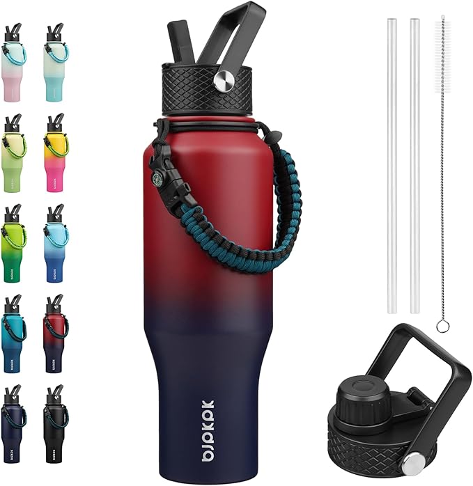 BJPKPK Insulated Water Bottles with Straw Lid, 35oz Metal Water Bottle with 2 lids & Paracord Strap, Double Wall Stainless Steel Vacuum Tumblers, Cups,Thermo for Hot& Cold Drinks, Charming Red