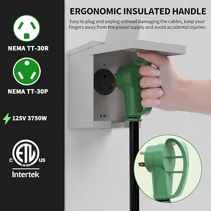 POWGRN NEMA TT-30P to NEMA TT-30R 75 FT 30 Amp RV Extension Cord Outdoor with Grip Handle, Flexible Heavy Duty 10/3 Gauge STW 3 Prong RV Power Cord Waterproof, 30A 125V 3750W, Black-Green, ETL Listed