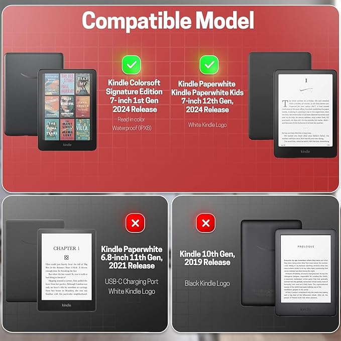 TNP Stand Case with Strap for Kindle Paperwhite 12th Gen 2024 / Kindle Colorsoft Signature Edition - 7" PU Leather Protective Folio Cover with Auto Wake/Sleep & Card Slot, Red