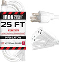 Iron Forge Cable 25ft White Outdoor Extension Cord with 3 Outlets - 14/3 SJTOW Oirl Resistant 15 Amp 25ft Extension Cord 3 Prong - Multiple Outlets