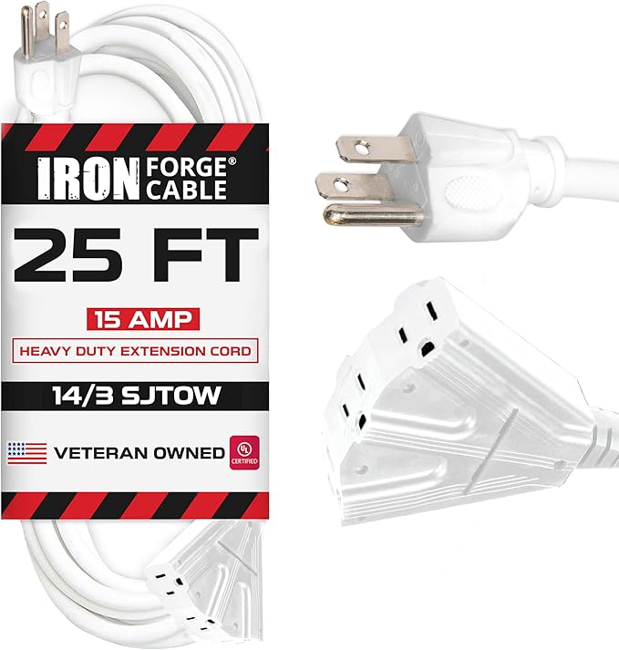 Iron Forge Cable 25ft White Outdoor Extension Cord with 3 Outlets - 14/3 SJTOW Oirl Resistant 15 Amp 25ft Extension Cord 3 Prong - Multiple Outlets