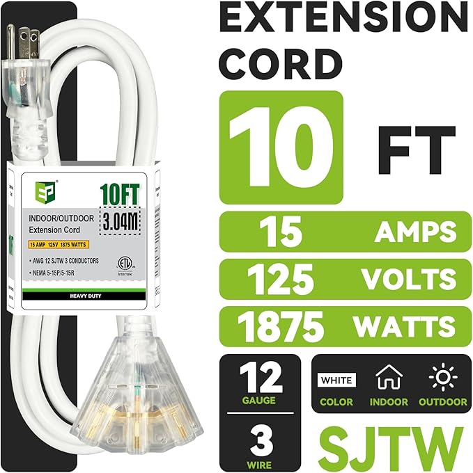EP 10FT 12 Gauge Heavy Duty Extension Cord, 15A 125V 1875W, 3 Outlet Indoor/Outdoor Power Cord with Lighted End, 12/3 SJTW Weatherproof White, ETL Listed