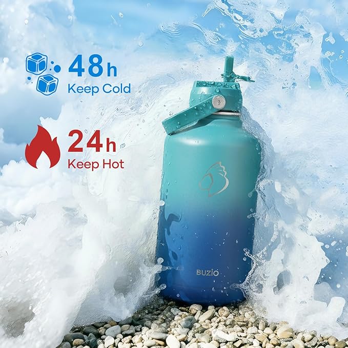 BUZIO 64oz Insulated Water Bottle with Straw Lid and Spout Cap, Stainless Steel Powder-Coat Water Flask, Keep Beverage Cold for 48 Hrs Hot for 24 Hrs Simple Thermo Canteen Mug, Gradient Cyan