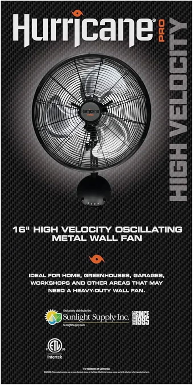 Hurricane 16" High Velocity Pro Oscillating Metal Wall Mount Fan w/ 3 Speeds, Black - Corded Electric Air Cooling Unit w/Powerful 2400 CFM Airflow for Home, Garage, Gym, Workshop & Greenhouse