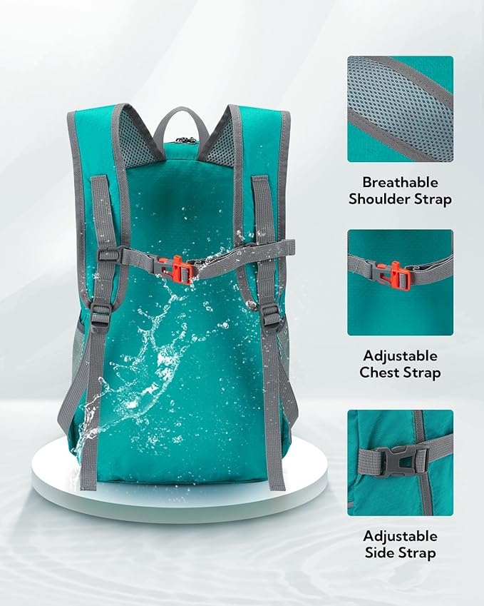 WATERFLY Hiking Packable Daypack Backpack: 25L Ultra Lightweight Day Pack for Woman Man - Small Compact Folding Back Pack for Outdoor Sport Cycling Camping Travel Trip - Turquoise