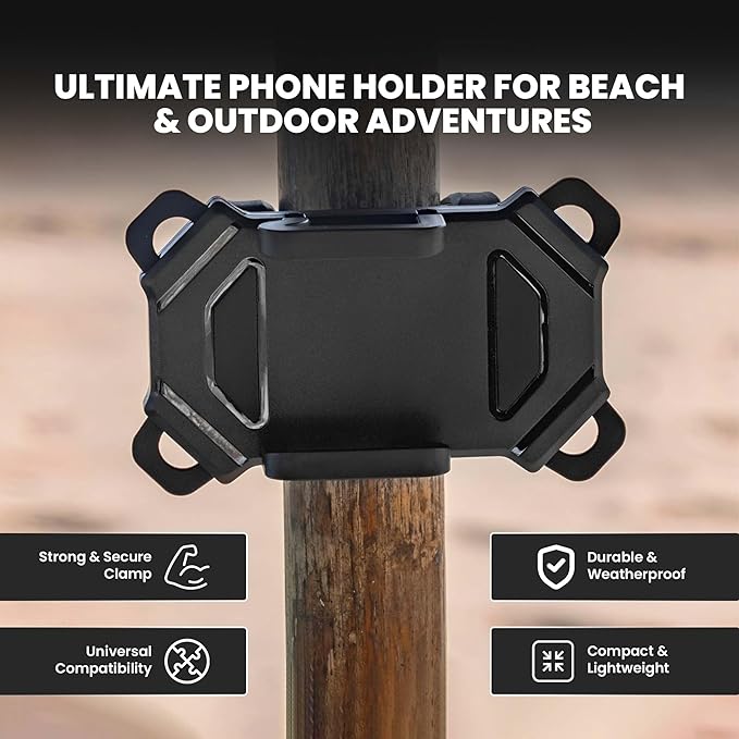 Beach Umbrella & Chair Phone Holder – Universal Clamp for Smartphones on Beach Poles, Umbrellas & Outdoor Chairs – Hands-Free Viewing & Secure Grip