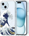 MOSNOVO Case for iPhone 15, [Buffertech 6.6ft Military-Grade Drop Protection] [Anti Peel Off Tech] Clear TPU Bumper Phone Case Cover Design - Great Wave