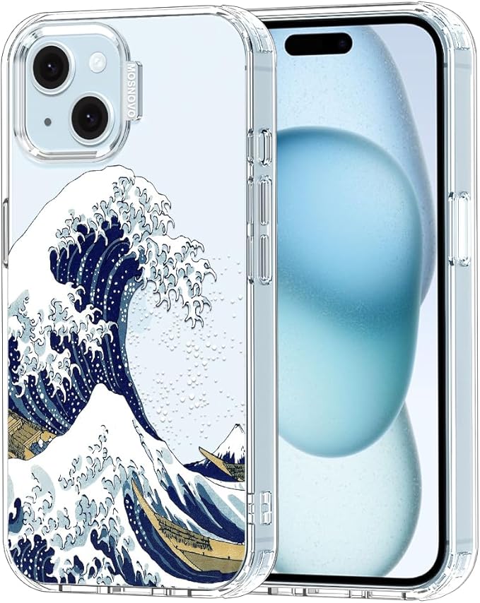 MOSNOVO Case for iPhone 15, [Buffertech 6.6ft Military-Grade Drop Protection] [Anti Peel Off Tech] Clear TPU Bumper Phone Case Cover Design - Great Wave
