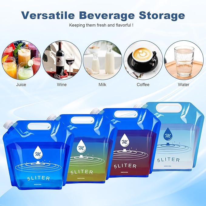 SOCATER Water Container Bags, 4 Packs BPA Free No-Leak Foldable Plastic 1.3 Gallon Water Container Bag for Camping Hiking Backpack Emergency Storage Jug