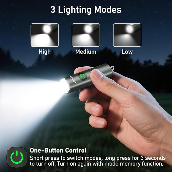 Blukar Rechargeable EDC Flashlight, Mini Keychain Flash Light with 3 Lighting Modes, Memory Function, Waterproof, Compact and Portable Pocket Light for Everyday Carry, Emergency,Camping-Gray