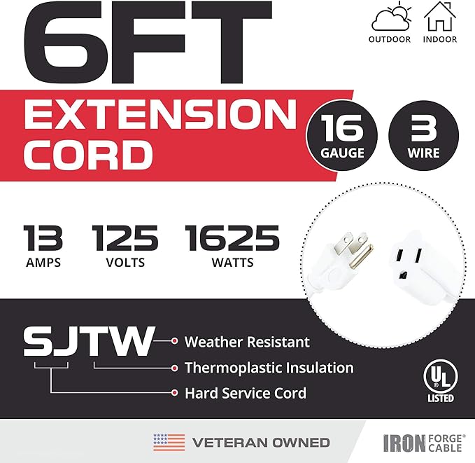 Iron Forge Cable Weatherproof 6 Ft Outdoor Extension Cord - 16/3 SJTW Heavy Duty White Extension Cord 3 Prong - 13 Amp Exterior Power Cable