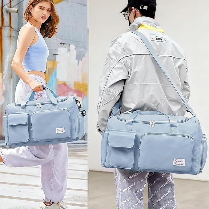 Suruid Gym Bag for Women Men, Travel Duffle Bag Large Capacity Carry On Weekender Bag With Shoe Compartment Gym Tote Dry Wet Separation Duffel Bag with Makeup Bag, Blue