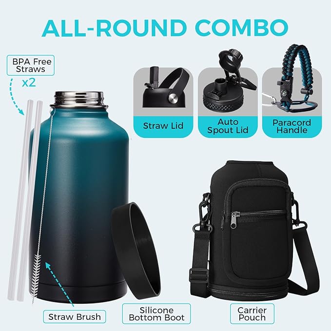 Insulated Water Bottle with Straw - 64oz Stainless Steel Water Bottles with Paracord Handle, 1/2 Gallon Big Water Jug Vacuum Insulated Waterbottle Metal Flask Reusable Double Wall Sport Bottle