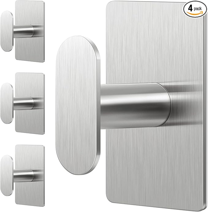 pickpiff Adhesive Towel Hooks for Bathroom: 20LB Extra Strong Wall Hanger for Shower Kitchen RV Dorm Apartment, Silver 4 Pack