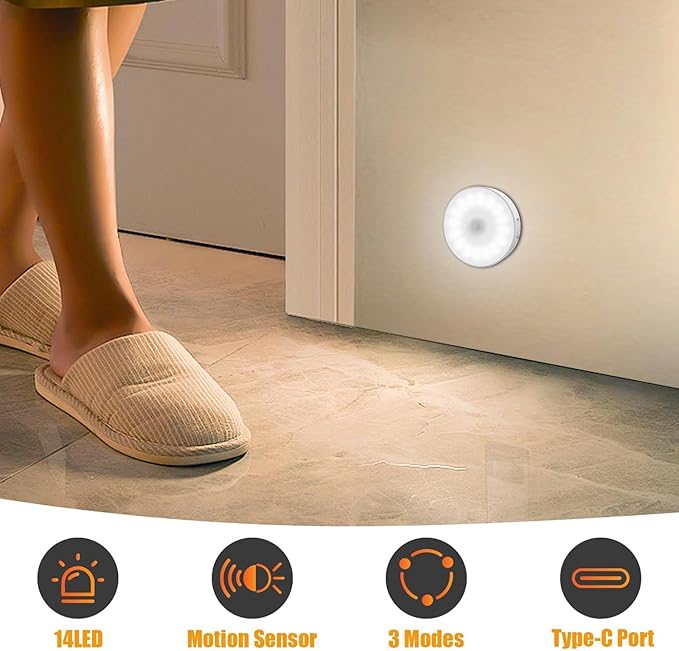 6 Pack Motion Sensor Light Indoor [Upgraded 14 LEDs], USB Rechargeable Night Light, Long Last Battery & 3 Light Modes, Wireless Magnetic Nightlight for Closet, Stairs, Hallway - Cold White