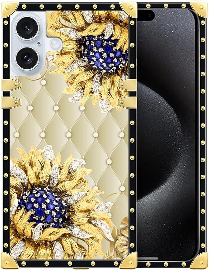 Compatible with iPhone 16 Plus Case, Sunflower Diamonds Leather Luxury Golden Decoration for Girl Women Soft TPU Shockproof Protective Hard PC Back for iPhone 16 Plus