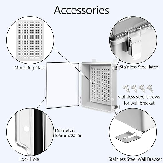 LeMotech Electrical Box, IP67 Waterproof Hinged Clear Cover Stainless Steel Latch Junction Box, ABS Plastic Electrical Enclosure with Mounting Plate,Wall Brackets, Cable Glands,13.8"x9.8"x5.9", Grey