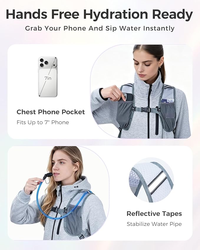 Blue Quartz Rave Hydration Backpack, Reflective Hiking Pack with 2L Water Bladder & Phone Pocket, Hydro Pack with Insulated Compartment for Festival Running Cycling for Men Women