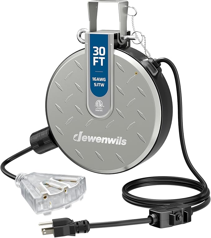 DEWENWILS 30FT Retractable Extension Cord Reel, Ceiling/Wall Mount 16/3 SJTW Power Cord with 3 Lighted Triple Outlets for Garage Shop, 10 Amp Circuit Breaker, Metal Plate, ETL Listed, Silver