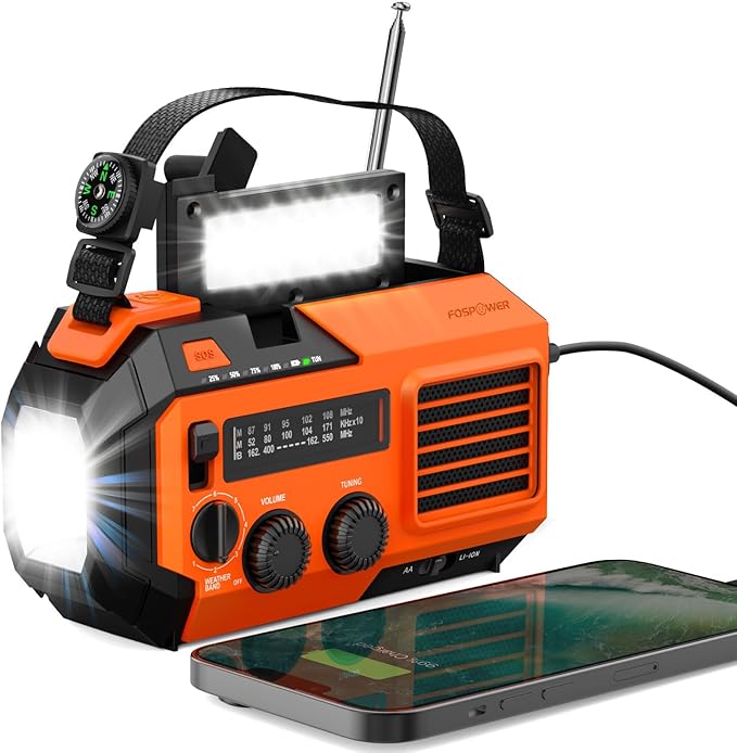 FosPower NOAA Emergency Weather Radio A6 19240mWh Portable Power Bank, AM/FM, USB/Solar/Hand Crank Charging, Battery Operated, SOS Alarm & Flashlight for Indoor/Outdoor Emergency - Orange