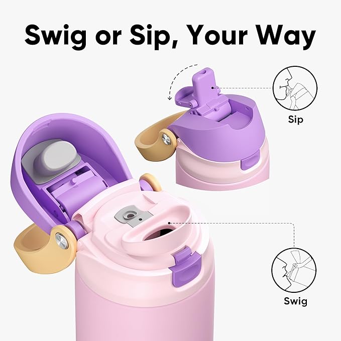 ENCOOL Leakproof Insulated Water Bottle with Straw Dual-Sip Water Bottle Bag-Safe Design for Work, Commute & Gym – Keeps Drinks Cold All Day, 24 oz, Peach Purple
