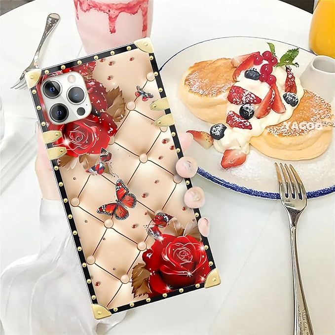 Compatible with iPhone 12 Pro Max Case, Shining Red Rose Butterfly Leather Background Luxury Golden Decoration for Girl Women Soft TPU Shockproof Protective Hard PC Back