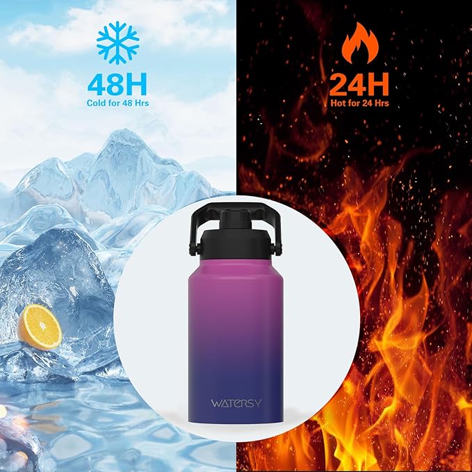 WATERSY 2/3 Gallon Water Bottle Insulated(Cold for 48 Hrs),BPA Free&Leak Proof,87oz Stainless Steel Water Jug/Flask,Big thermo,Large Water Bottle with Handle for Gym,Hiking,Camping,Gradient Purple