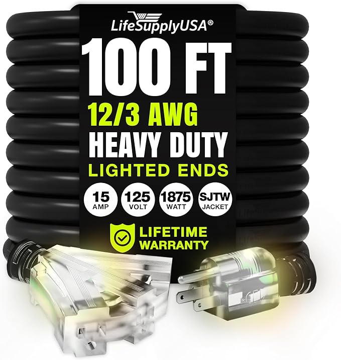 100ft Outdoor/Indoor Extension Cord 3-Outlet 12/3 Gauge Extra Heavy Duty 3 Prong SJTW, Waterproof, Flexible Cold-Resistant Long Power Cord,15A 125V 1875W, Black by LifeSupplyUSA