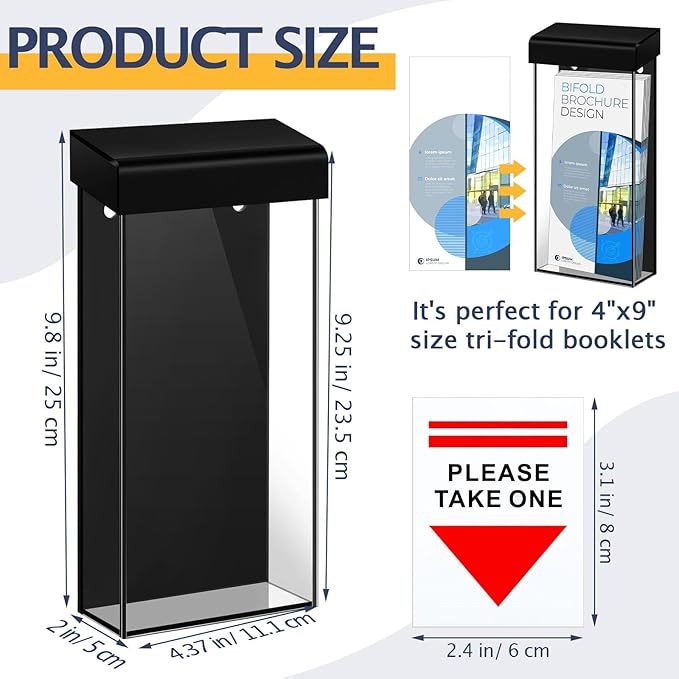 Remerry 1 Pcs Outdoor Brochure Holder 4 x 9 Inch Waterproof Wall Mount with Take One Sticker Literature Box with Clear Pamphlet Holder Acrylic Brochure Flyer Display Map Menu Envelope(Black)