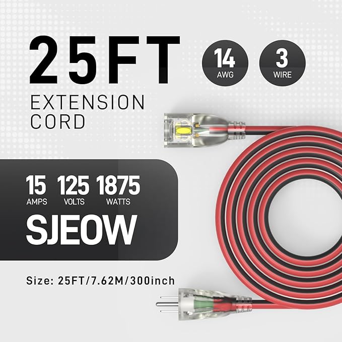 25FT 14/3 Gauge Medium Duty Outdoor Extension Cord Waterproof with Locking LED Lighted Plugs, SJEOW All-Weather Jacket (-50°C to 105°C), 15amp 1875W, 3 Prong, ETL Certified