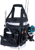 Goture Fishing Bucket Organizer for 5 Gallon Bucket, Heavy-Duty Waterproof Tackle Bag with 15+ Pockets, Ice Auger Holster & Secure Lock Straps for Ice Fishing Gear (Black, No Bucket)