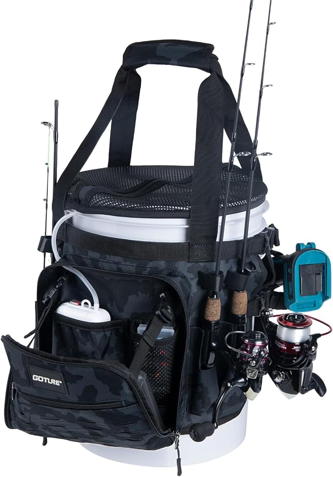 Goture Fishing Bucket Organizer for 5 Gallon Bucket, Heavy-Duty Waterproof Tackle Bag with 15+ Pockets, Ice Auger Holster & Secure Lock Straps for Ice Fishing Gear (Black, No Bucket)