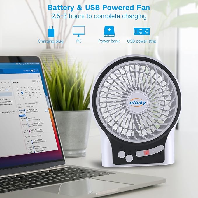 efluky 3-Speed Mini Desk Fan with LED Light, Portable USB Fan Quiet for Home, Office, Travel, Camping, Outdoor, Indoor, 4.9-Inch, White