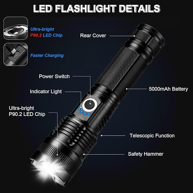 3 Pack Rechargeable Flashlights High Lumens, 990000LM Super Bright LED Flashlight, Adjustable Powerful Flash Light with 5 Modes & USB Cable, Waterproof Handheld Flashlight for Home Camping Outdoor