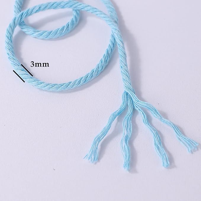 Sky Blue Macrame Cord 3mm x 109Yards,Colored Cotton Rope Craft Cord Colorful Cotton Cord Twine for Wall Hanging Plant Hangers Crafts Knitting Decorative Projects