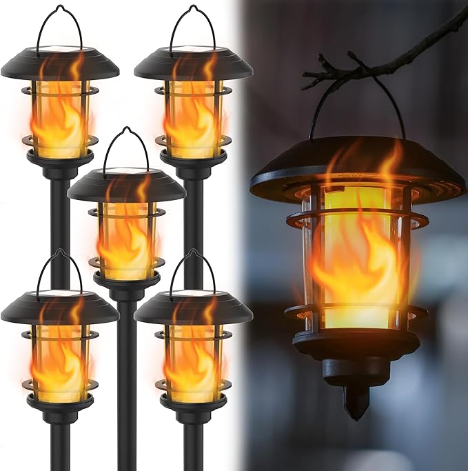 Dynaming 6 Pack Solar Flame Torch Lights Outdoor, Halloween Dual Use Flickering Flame Garden Light, Christmas Hanging Lanterns, Auto On/Off & Waterproof Lighting for Lawn Patio Yard Walkway Driveway