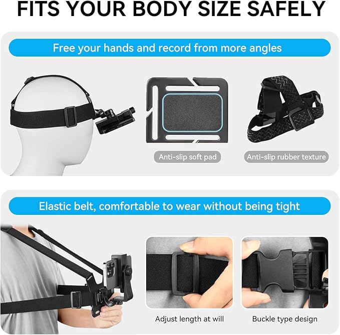 Mobile Phone Chest Strap Harness Mount Head Strap Holder Kit for VLOG/POV, Compatible with iPhone, Samsung, GoPro Hero 9, 8,7, 6, 5, 4, 3,2, 1, DJI Osmo,and Action Cameras