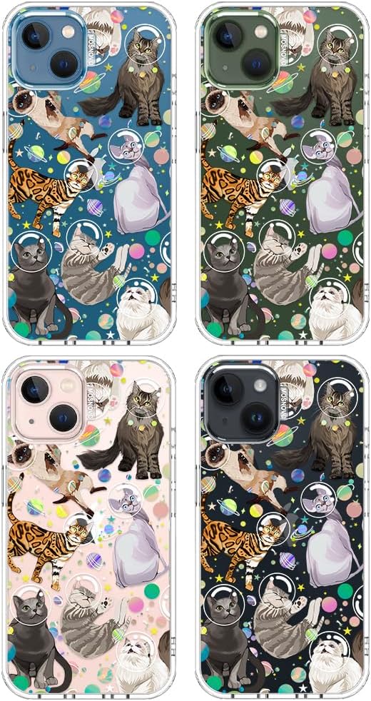 MOSNOVO for iPhone 13/14 Case | Military Grade 6.6ft Drop Tested | Clear with Space Cat Design